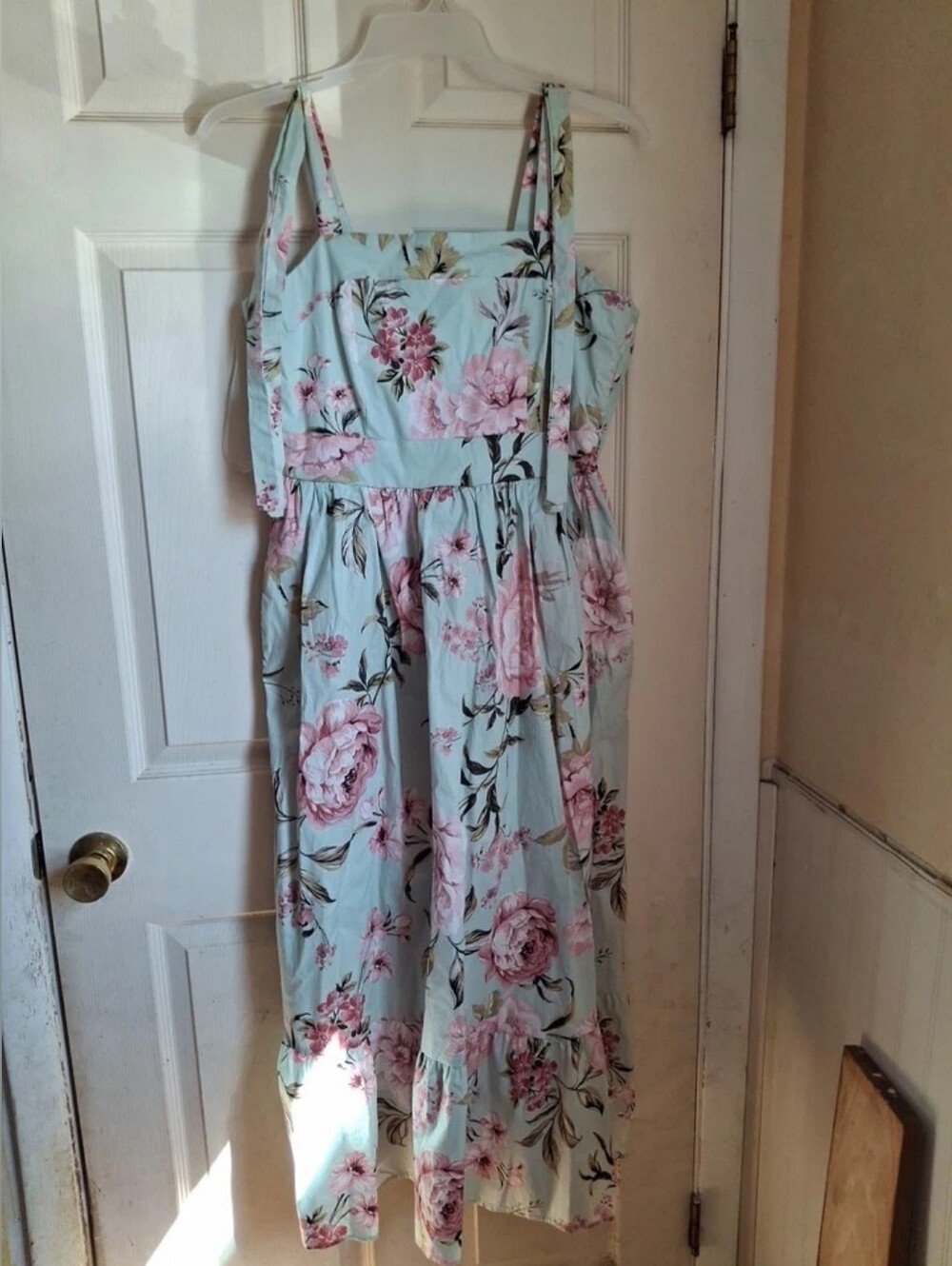 Floral Strappy Maxi Dress for Girls - Light Blue with Pink Roses